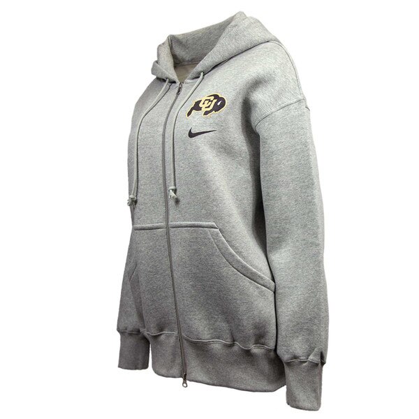 The left side view of A gray full zip with the CU Buffalo logo printed in the left corner chest. The Nike Swoosh is printed below the Buffalo logo in black, and there are two front pockets.